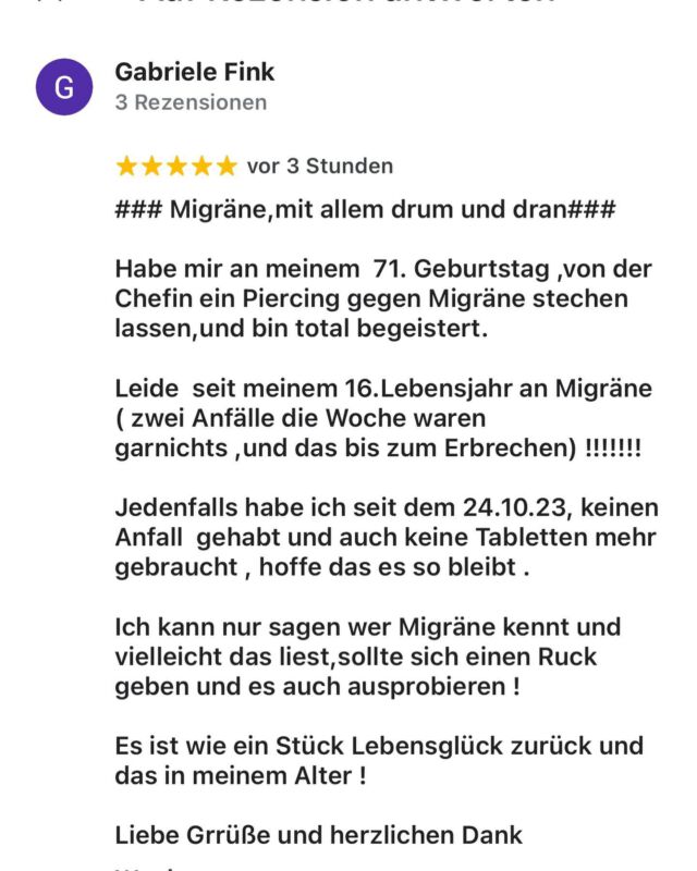 Danke Gabriele für deine tolle Bewertung. Freue mich sehr 🫶#daithpiercing #migräne #tathspiekswerkstatt #tathspiercing #wächtersbach #piercing #lebensqualität