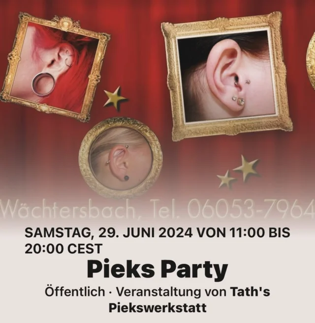 Ihr Lieben! Bald ist es wieder soweit Nach 2 Jahren wird es am 29.06.24 wieder eine Pieks Party geben. Es wird bei musikalischer Unterstützung wieder einen Sektempfang geben und auf jedes an diesem Tag gestochene Piercing gibt es 10€  Nachlass. Natürlich bekommt ihr auch wieder unsere Lose und wie immer ohne Nieten! Wir freuen uns auf euch und euer zahlreiches Erscheinen. Euer Team von Taths Piercing!  We L♥️ve to Pieks Y♥️u