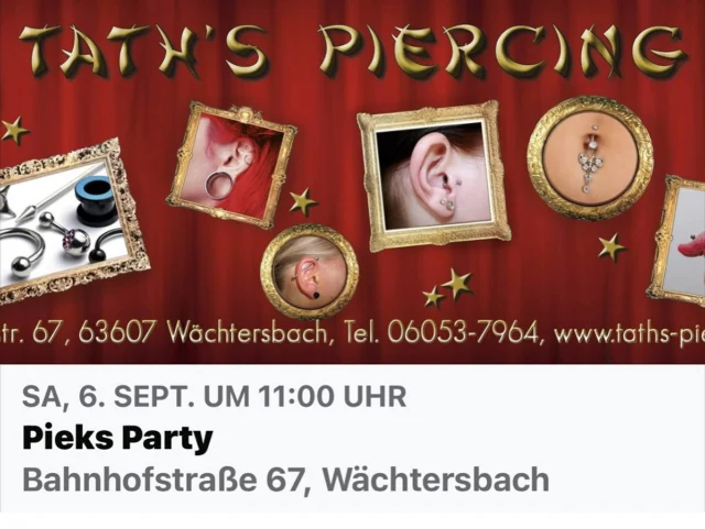 Am 06.09.25 findet die nächste Pieks Party statt. Start ist wie immer um 11:00 Uhr.  Das erwartet dich:  10€ Nachlass auf jedes an diesem Tag gestochene Piercing✅  Lose ohne Nieten 5 × FreiPiercing Inside ✅ gute Mucke✅ Sektempfang✅  Unsere Nadeln sind gewetzt.Wir lassen Sie von 11:00 bis 20:00 Uhr für euch glühen.✅ das Team von Tath’s Piercing freut sich auf euer zahlreich es erscheinen  We  L♥️ve  To  Pieks  Y♥️u
